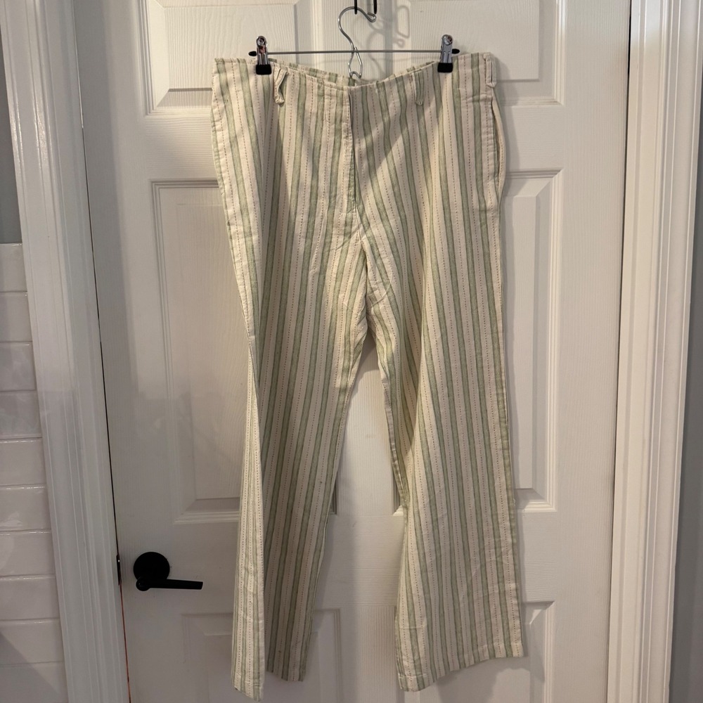 Editions Striped Linen Blend Pants Womens 16 Green Cream Good Coastal Straight‎